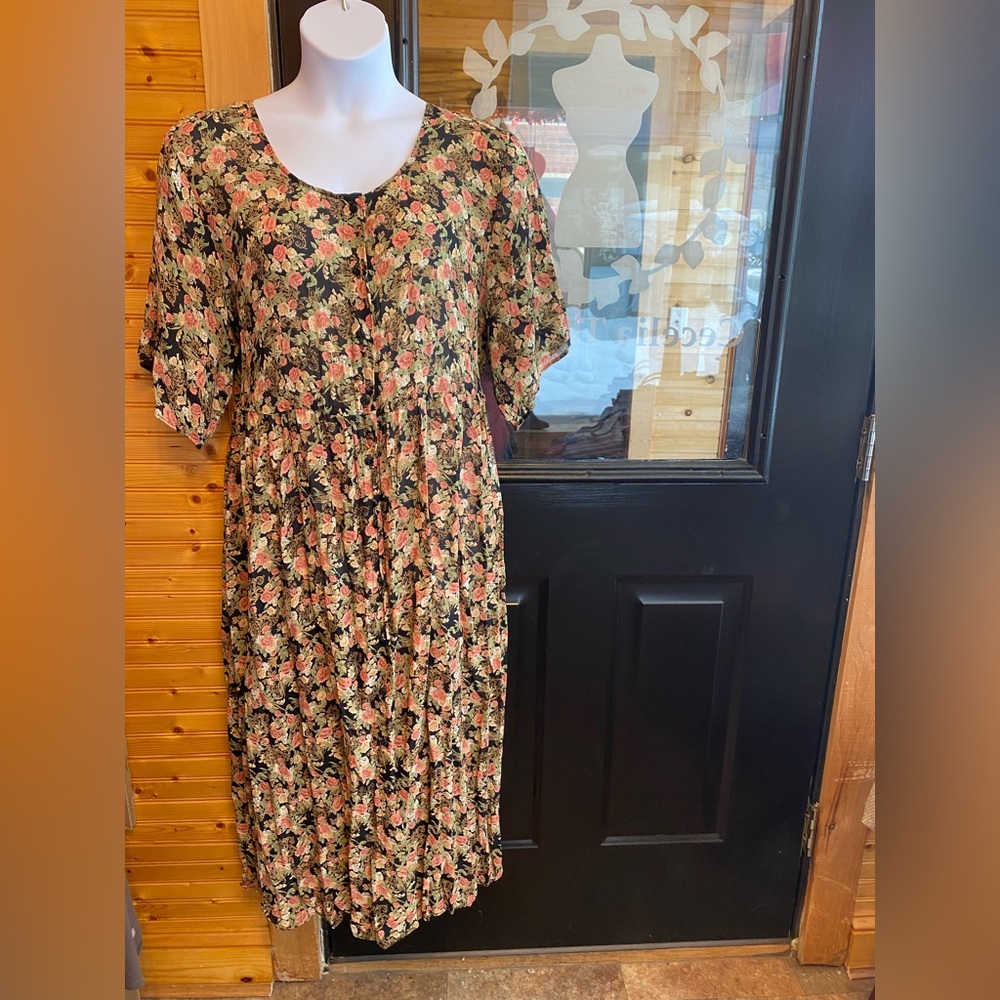 Kathryn Deene Vtg 90s Black Roses Floral Print Button Dress